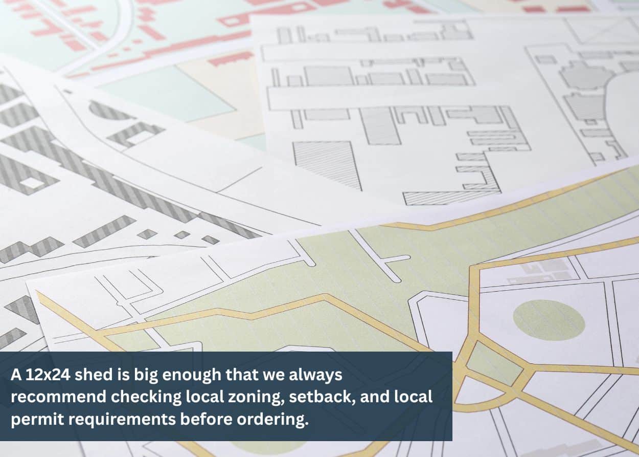 Site plans and permit documents representing zoning and permit considerations before buying a 12x24 shed.