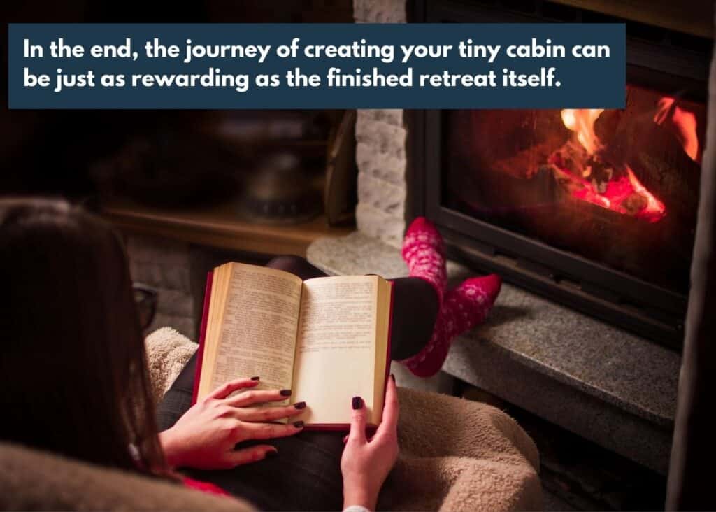 Person relaxing indoors while planning and enjoying the process of turning a shed into a tiny cabin. Caption: In the end, the journey of creating your tiny cabin can be just as rewarding as the finished retreat itself.
