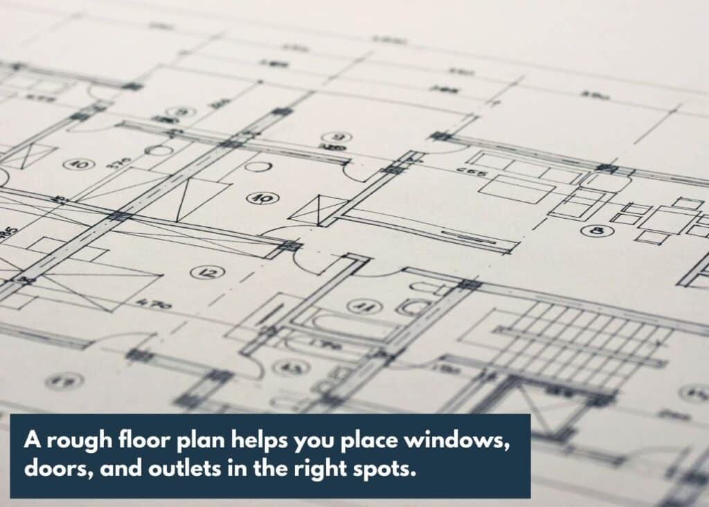 Architectural floor plan illustrating the layout for converting a shed into a functional tiny cabin. Caption: A rough floor plan helps you place windows, doors, and outlets in the right spots.