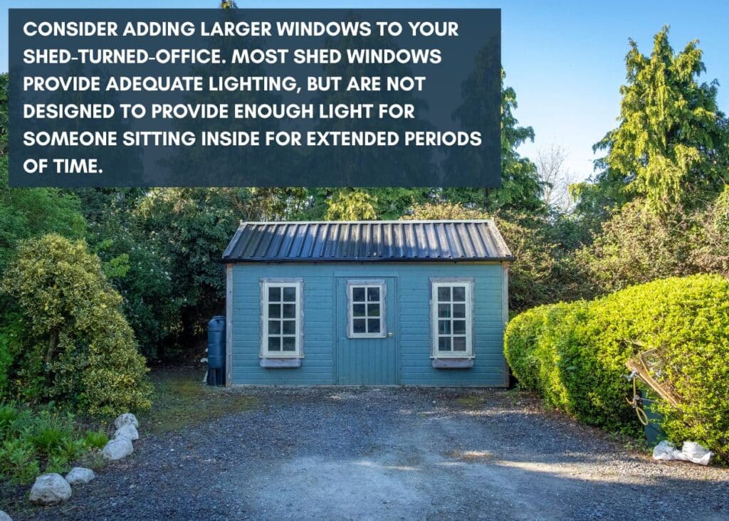 blue shed with two front windows set amongst green shrubbery