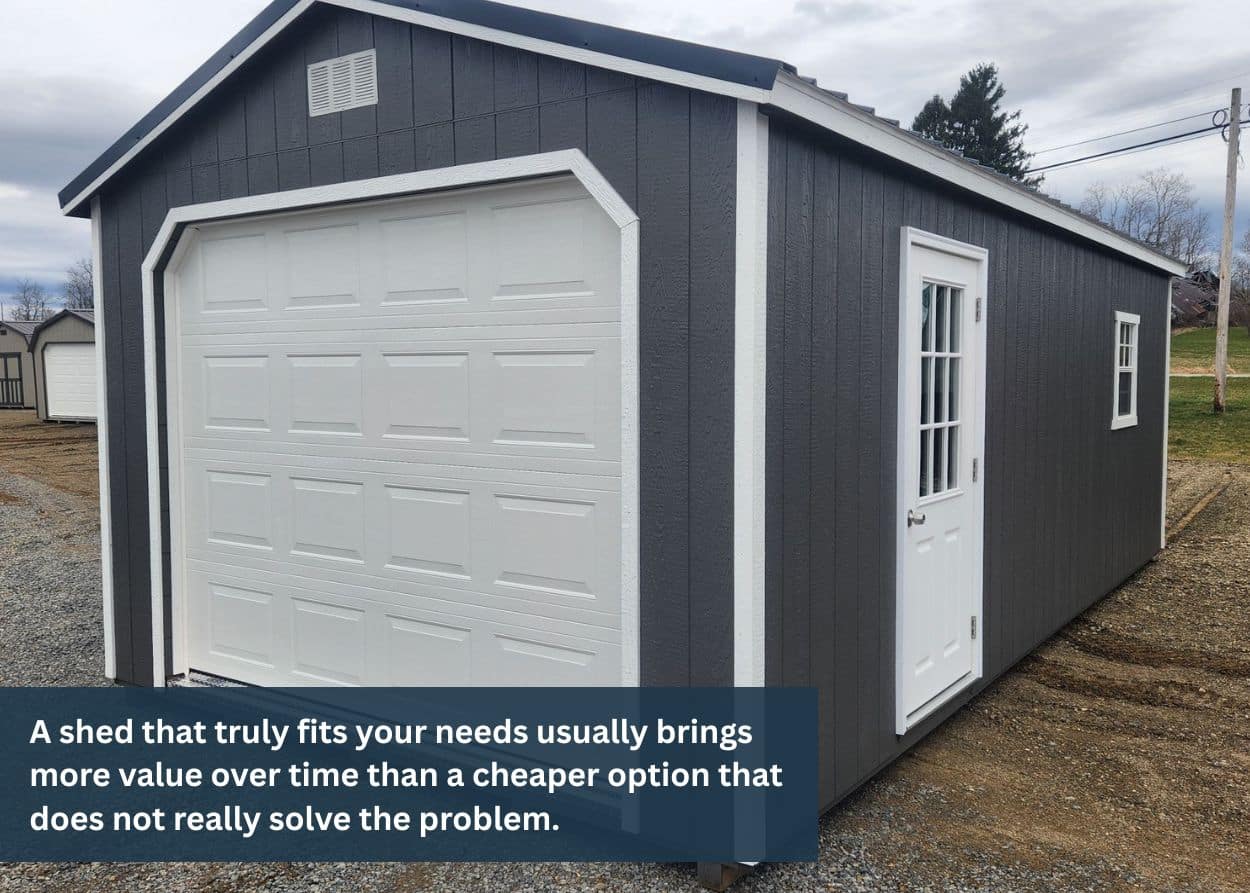 Gray 12x24 utility shed with garage door and side entry showcasing design ideas for large backyard storage sheds.