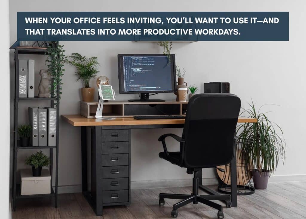 home office set up with plants and organized shelving