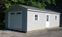 Garage building, Twilight Gray siding and Charcoal metal roof, 2 windows, Sonoma garage doors with windows