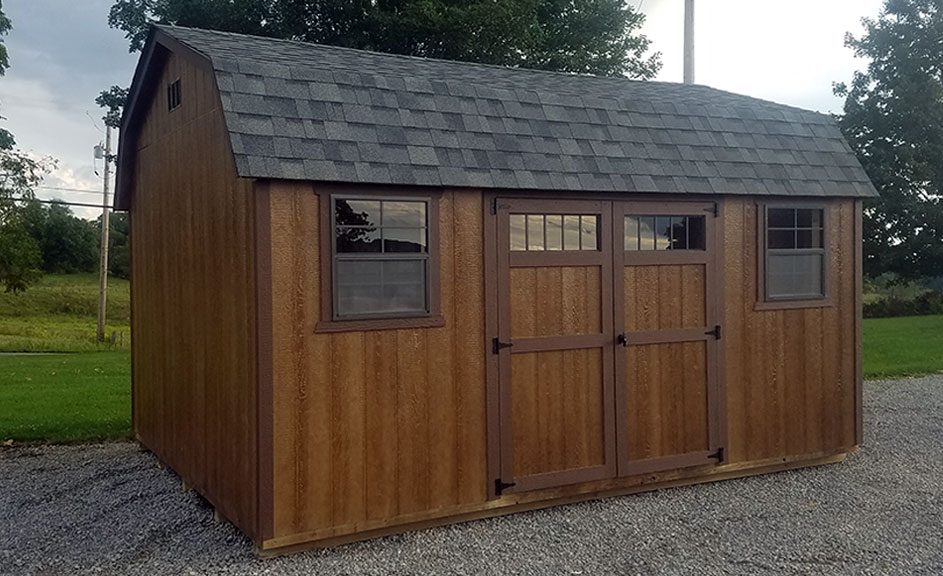 12 x 16 highwall barn, stain with Estate Gray shingle roof