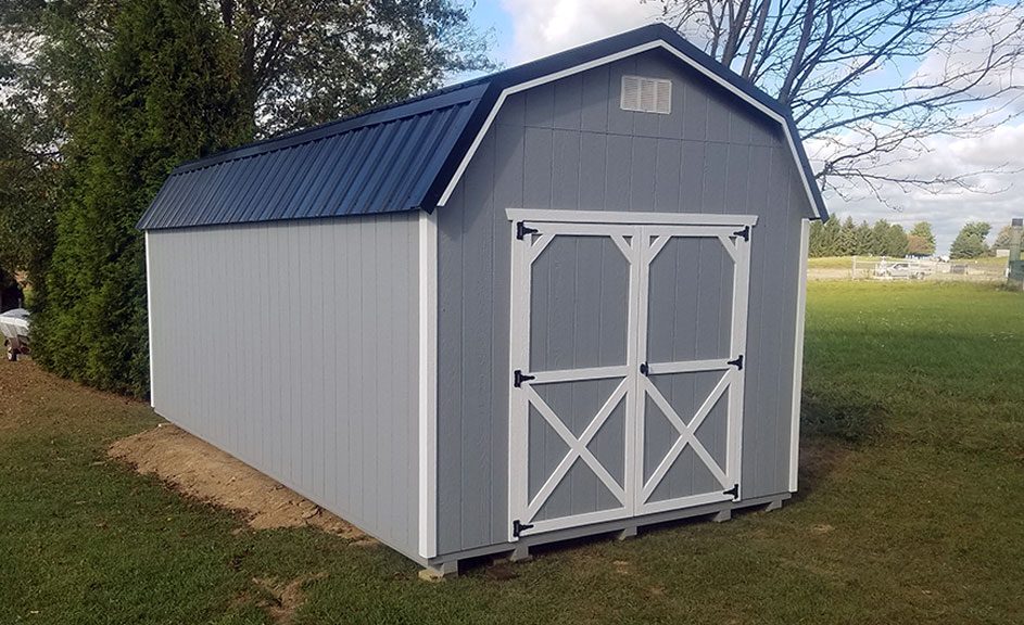 10 x 20 highwall barn, Cape Cod Gray, white trim, black metal roof